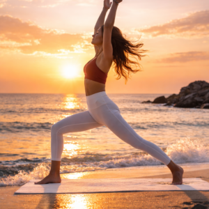 Woman practicing Warrior yoga pose on the beach at sunrise in Altea – Inner Fire Yoga Membership