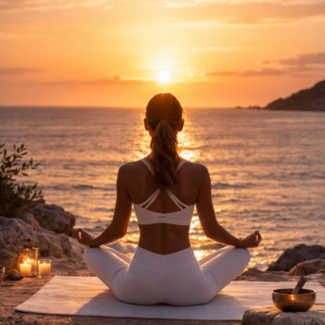 Woman meditating by the sea at sunrise in Altea – Solar Devotion Yoga Membership